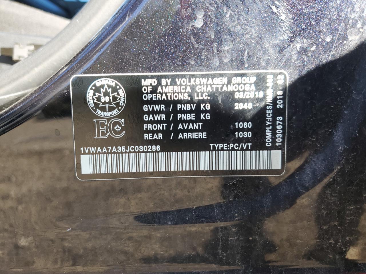 2018 Volkswagen Passat S VIN: 1VWAA7A35JC030286 Lot: 84916845