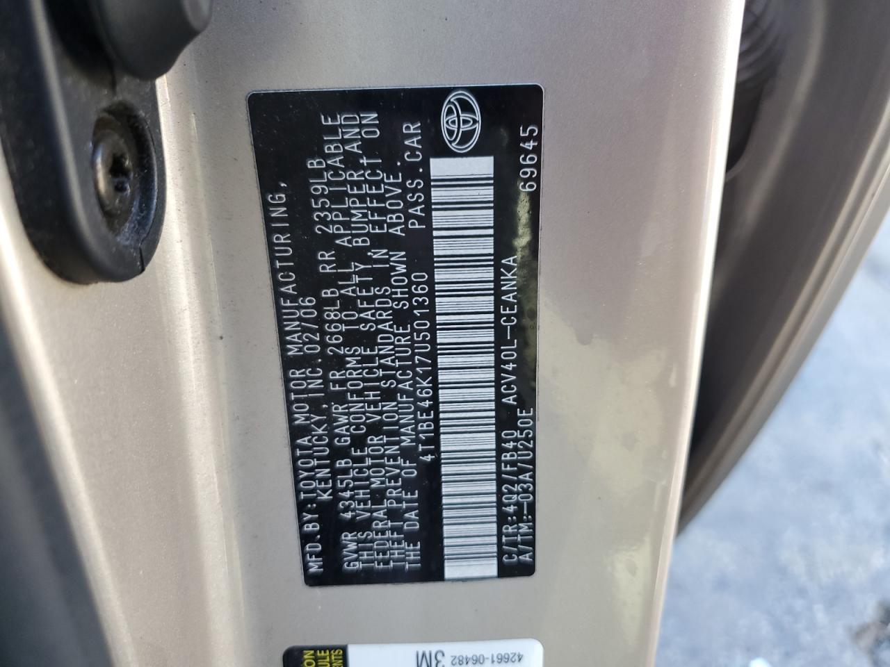 2007 Toyota Camry Ce VIN: 4T1BE46K17U501360 Lot: 85871345