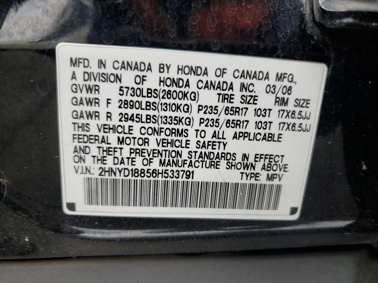 2006 Acura Mdx Touring VIN: 2HNYD18856H533791 Lot: 84963635