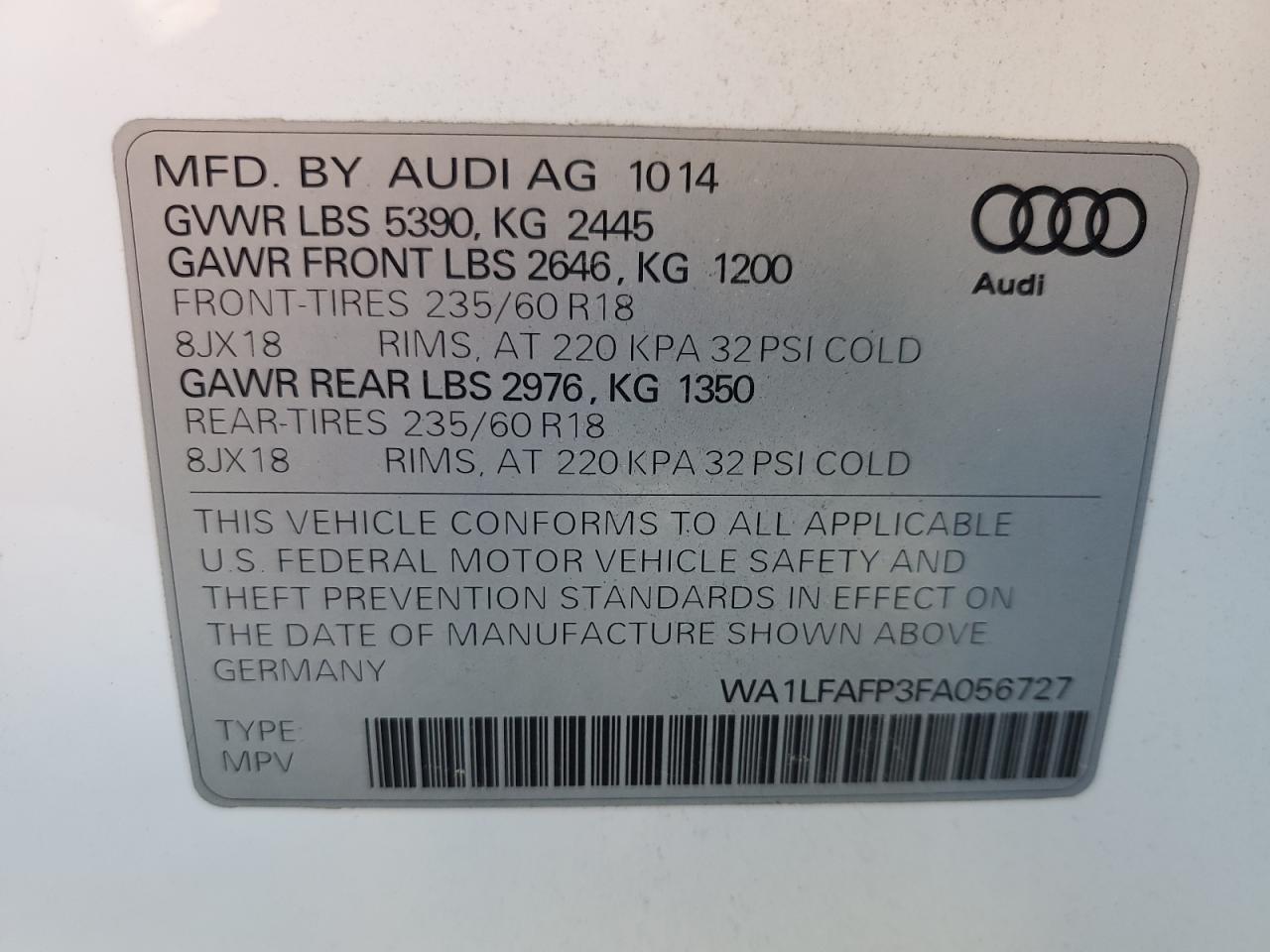 2015 Audi Q5 Premium Plus VIN: WA1LFAFP3FA056727 Lot: 83975165