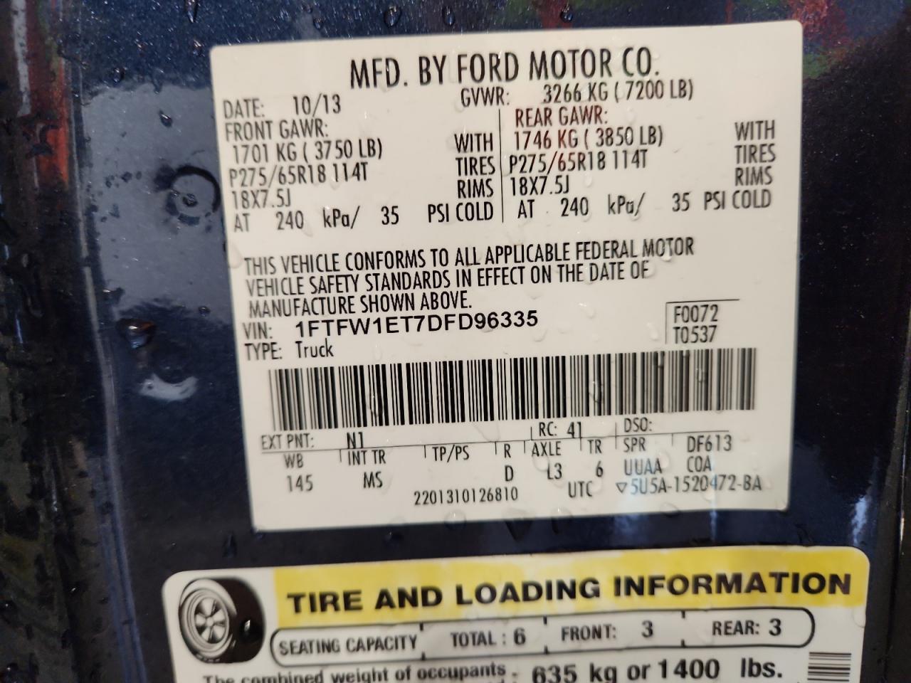 2013 Ford F150 Supercrew VIN: 1FTFW1ET7DFD96335 Lot: 85756295