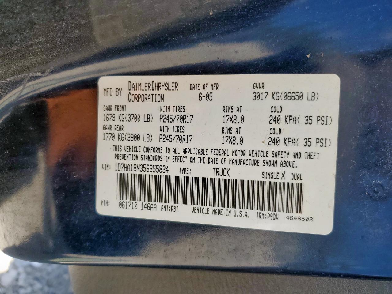 2005 Dodge Ram 1500 St VIN: 1D7HA18N35S355834 Lot: 86119625