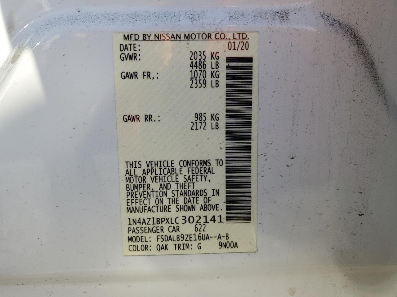 2020 Nissan Leaf S VIN: 1N4AZ1BPXLC302141 Lot: 87290025