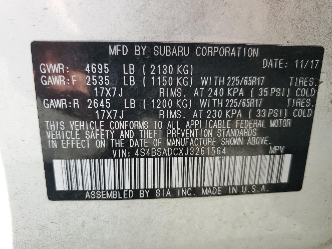 2018 Subaru Outback 2.5I Premium VIN: 4S4BSADCXJ3261564 Lot: 81973525