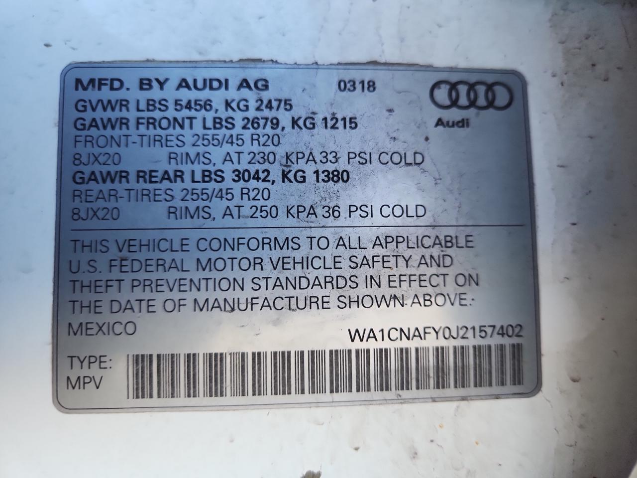 2018 Audi Q5 Prestige VIN: WA1CNAFY0J2157402 Lot: 84651665