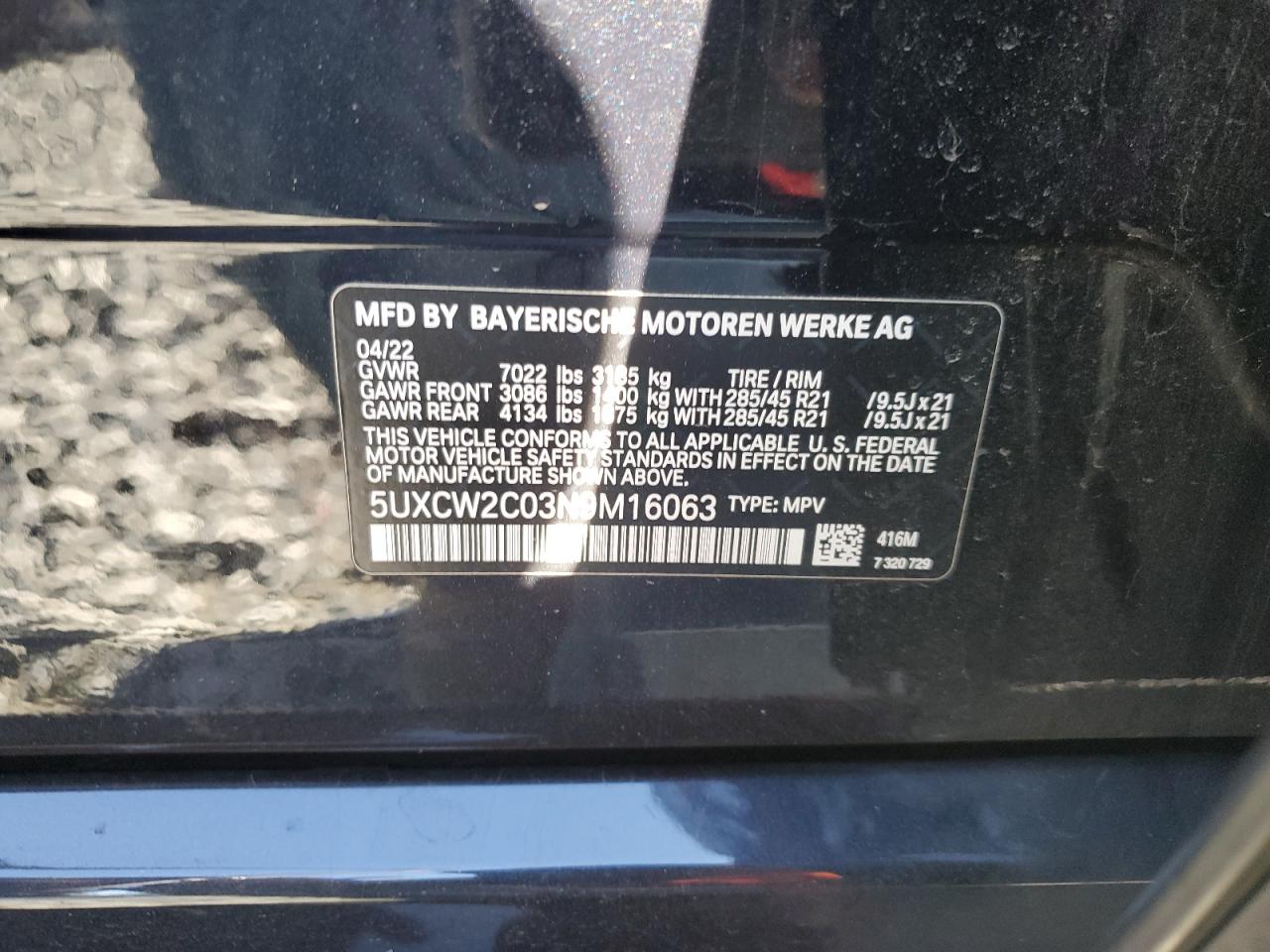 2022 BMW X7 xDrive40I VIN: 5UXCW2C03N9M16063 Lot: 86171435