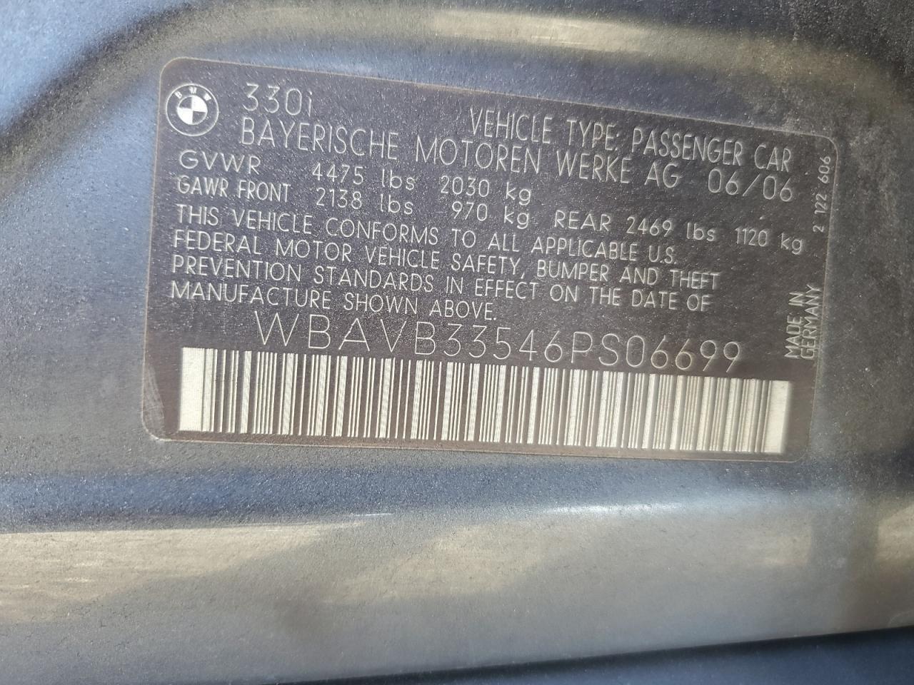 2006 BMW 330 I VIN: WBAVB33546PS06699 Lot: 86555335