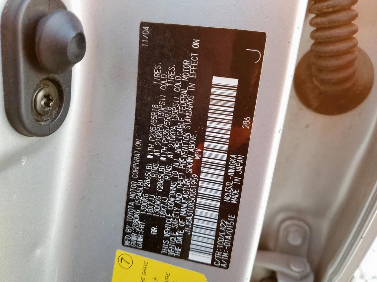 2005 Lexus Rx 330 VIN: JTJGA31UX50051959 Lot: 85295955