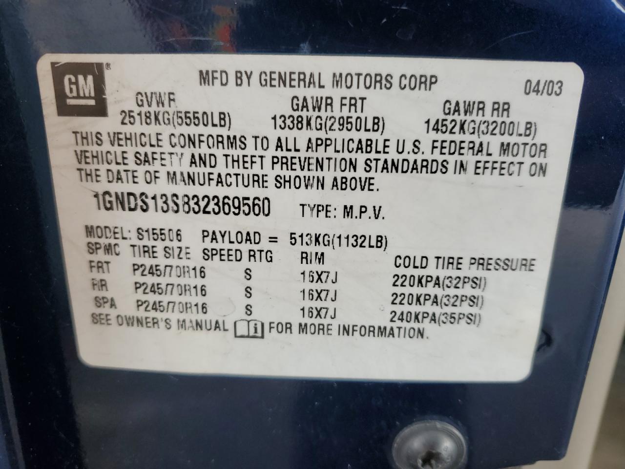 2003 Chevrolet Trailblazer VIN: 1GNDS13S832369560 Lot: 82181575