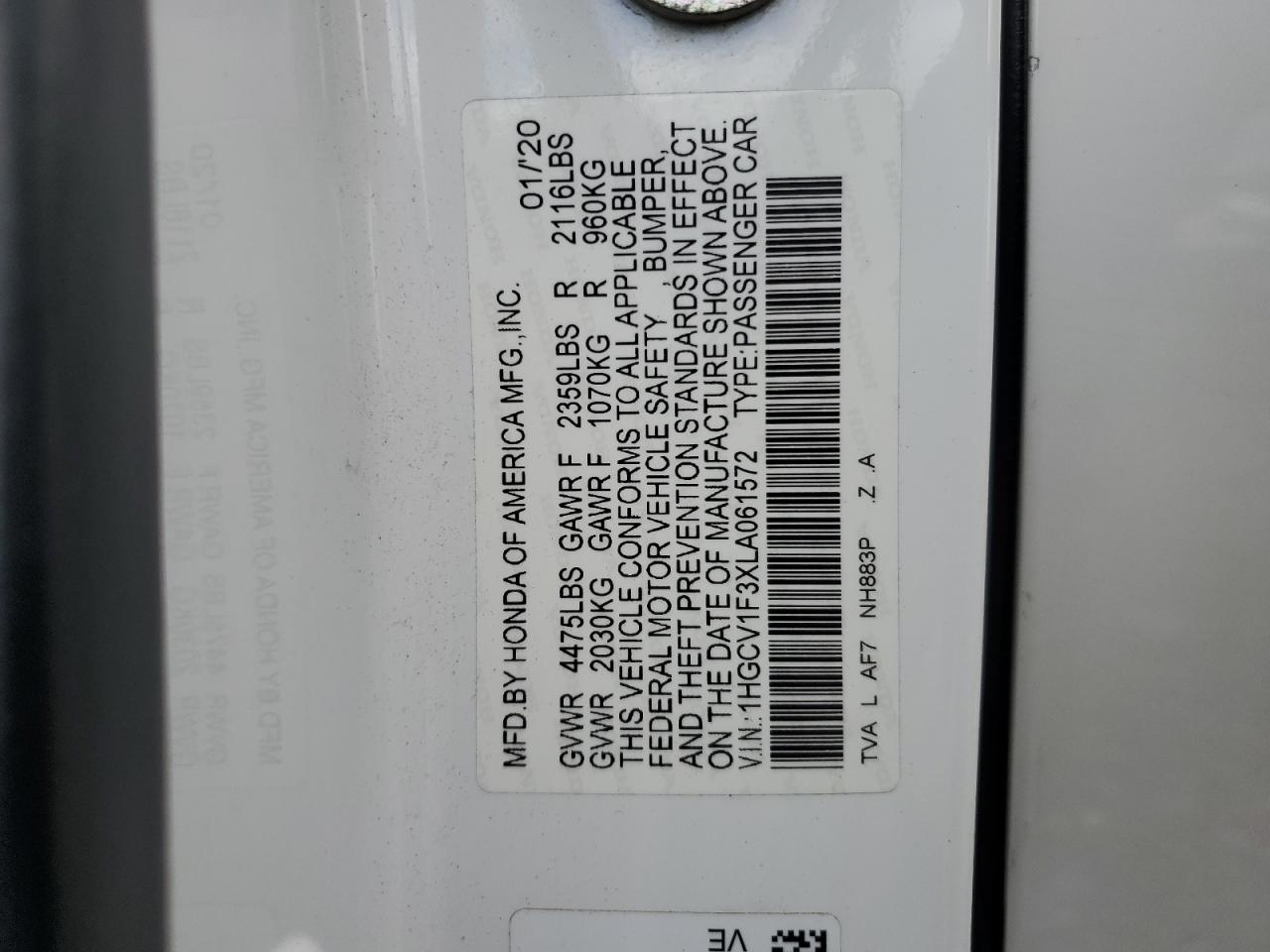 2020 Honda Accord Sport VIN: 1HGCV1F3XLA061572 Lot: 86331225