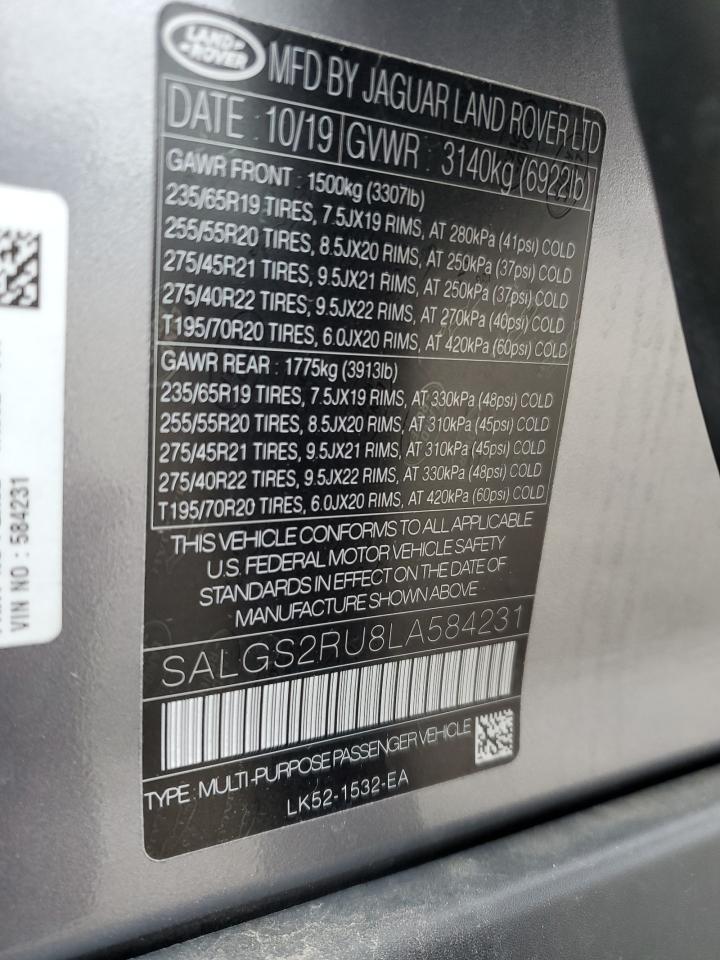 2020 Land Rover Range Rover Hse VIN: SALGS2RU8LA584231 Lot: 89704925
