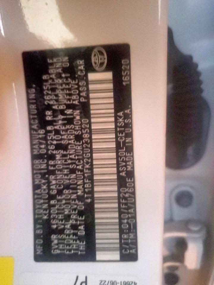 2016 Toyota Camry Le VIN: 4T1BF1FK2GU238520 Lot: 86320975