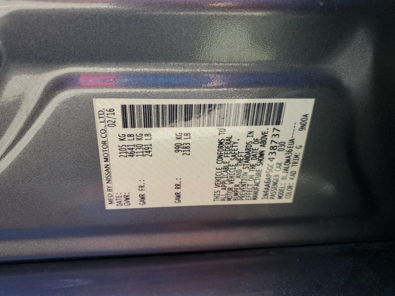 2016 Nissan Maxima 3.5S VIN: 1N4AA6AP5GC438737 Lot: 86866945