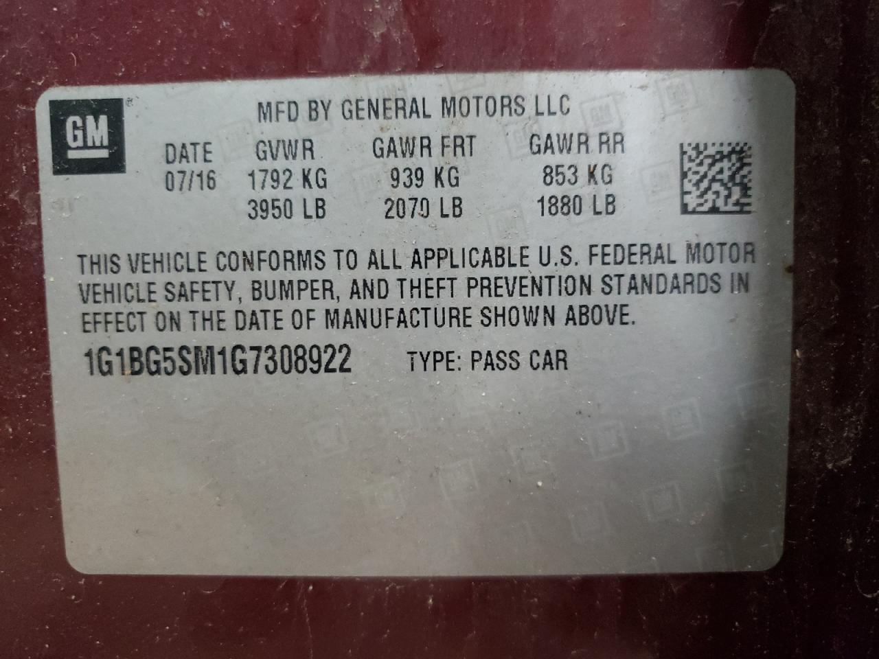 2016 Chevrolet Cruze Premier VIN: 1G1BG5SM1G7308922 Lot: 86276135
