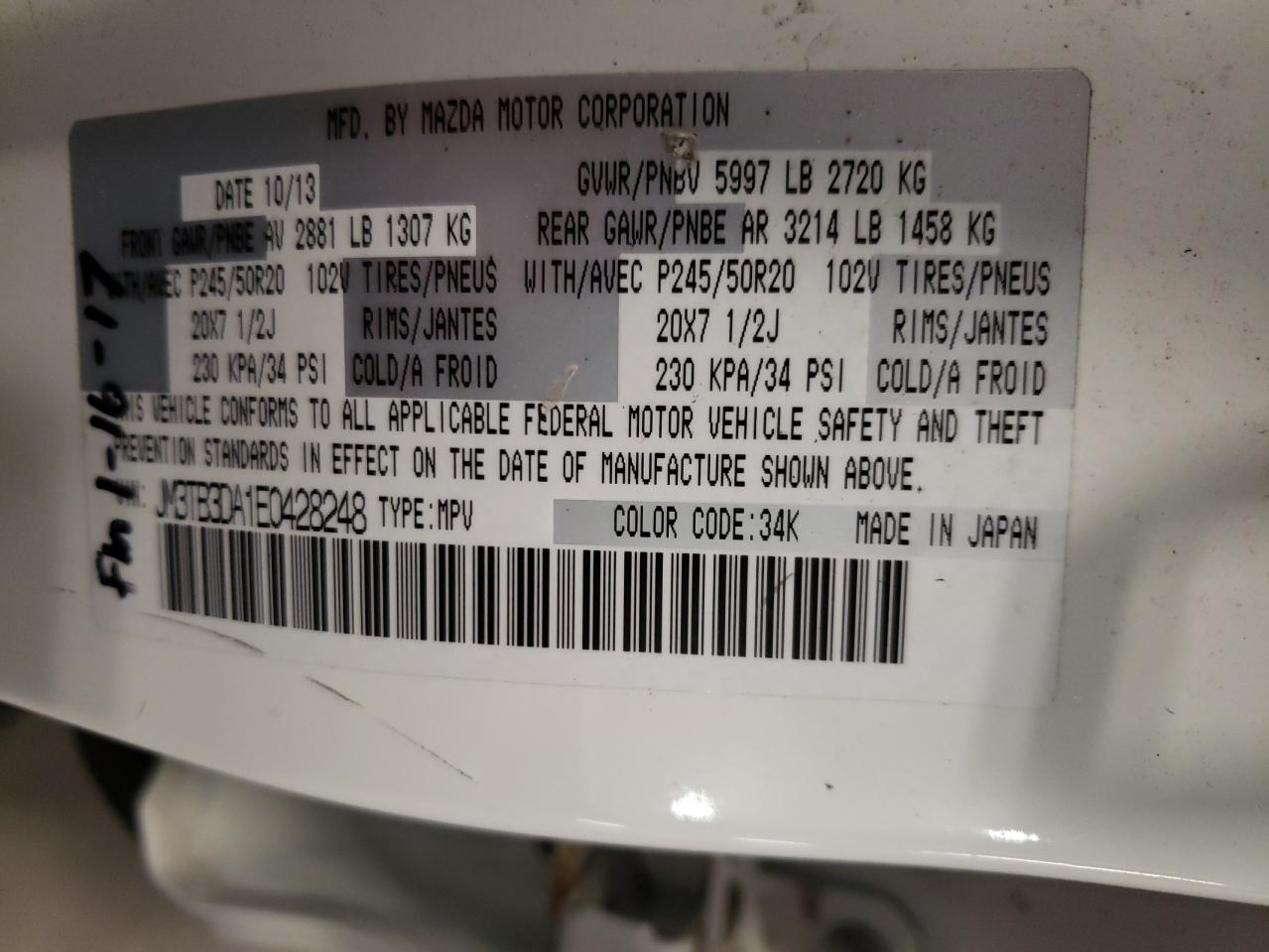 2014 Mazda Cx-9 Grand Touring VIN: JM3TB3DA1E0428248 Lot: 81953475