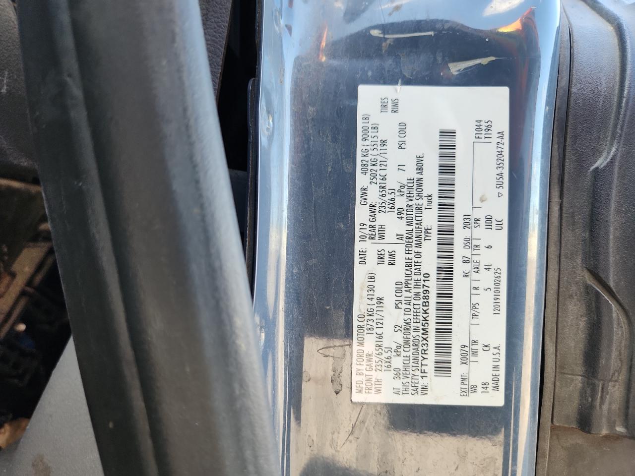 2019 Ford Transit Van T-150 Lo VIN: 1FTYR3XM5KKB89710 Lot: 82207705