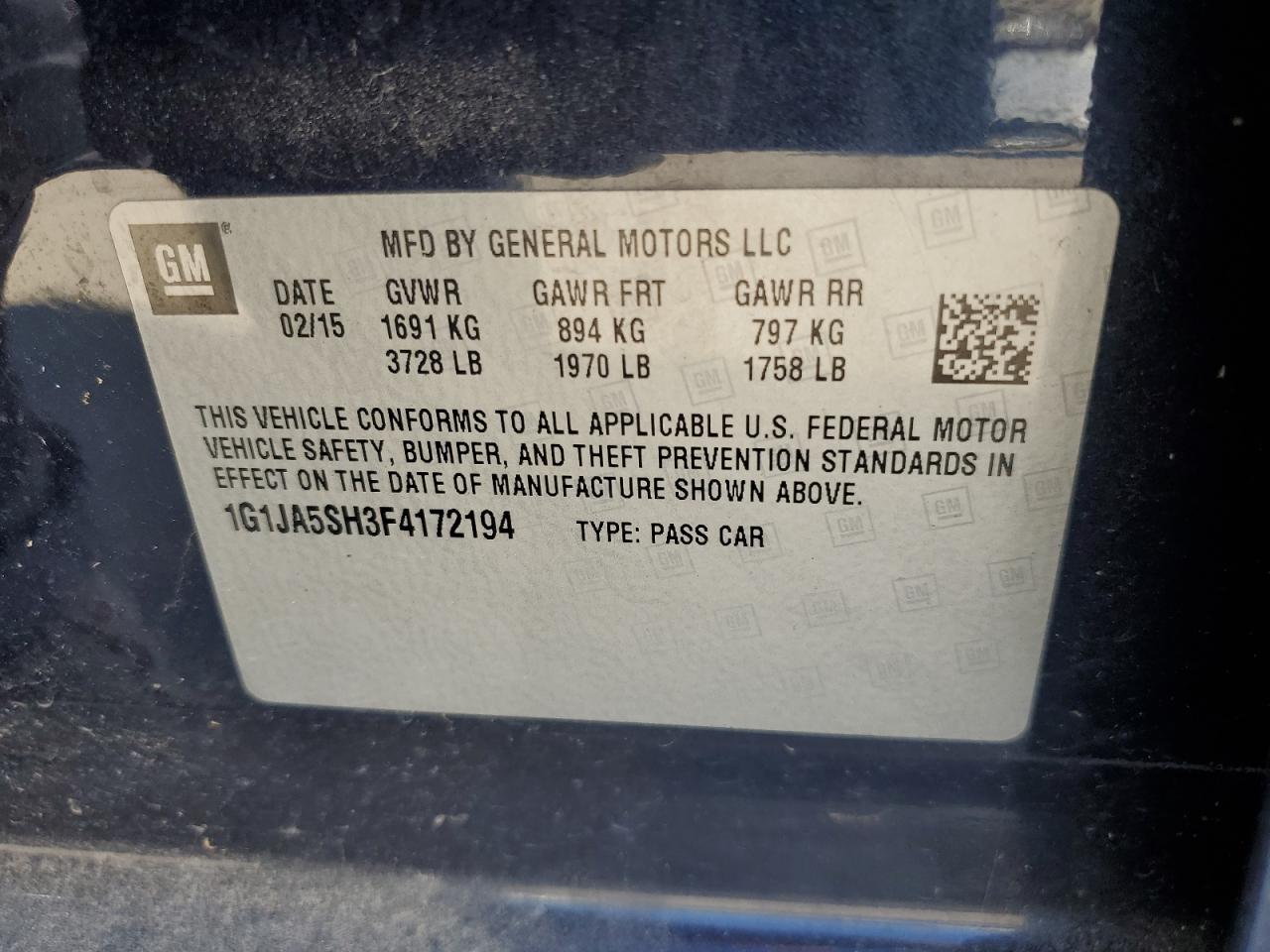 2015 Chevrolet Sonic Ls VIN: 1G1JA5SH3F4172194 Lot: 87242715