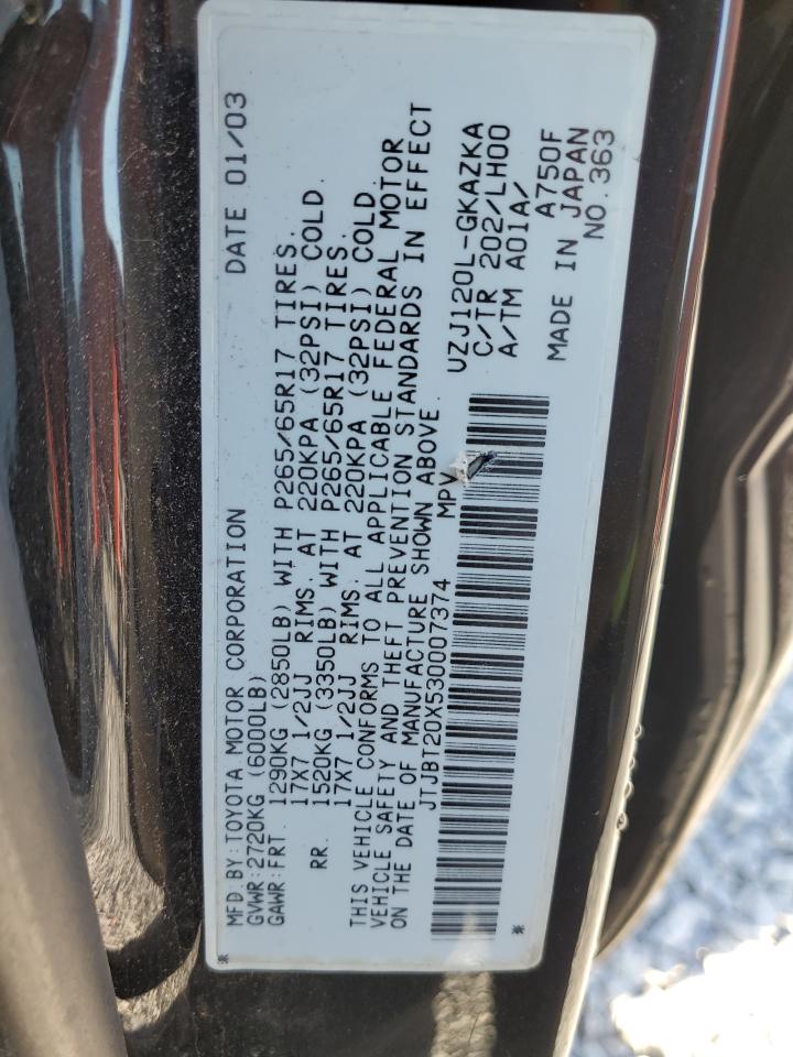 2003 Lexus Gx 470 VIN: JTJBT20X530007374 Lot: 85873995