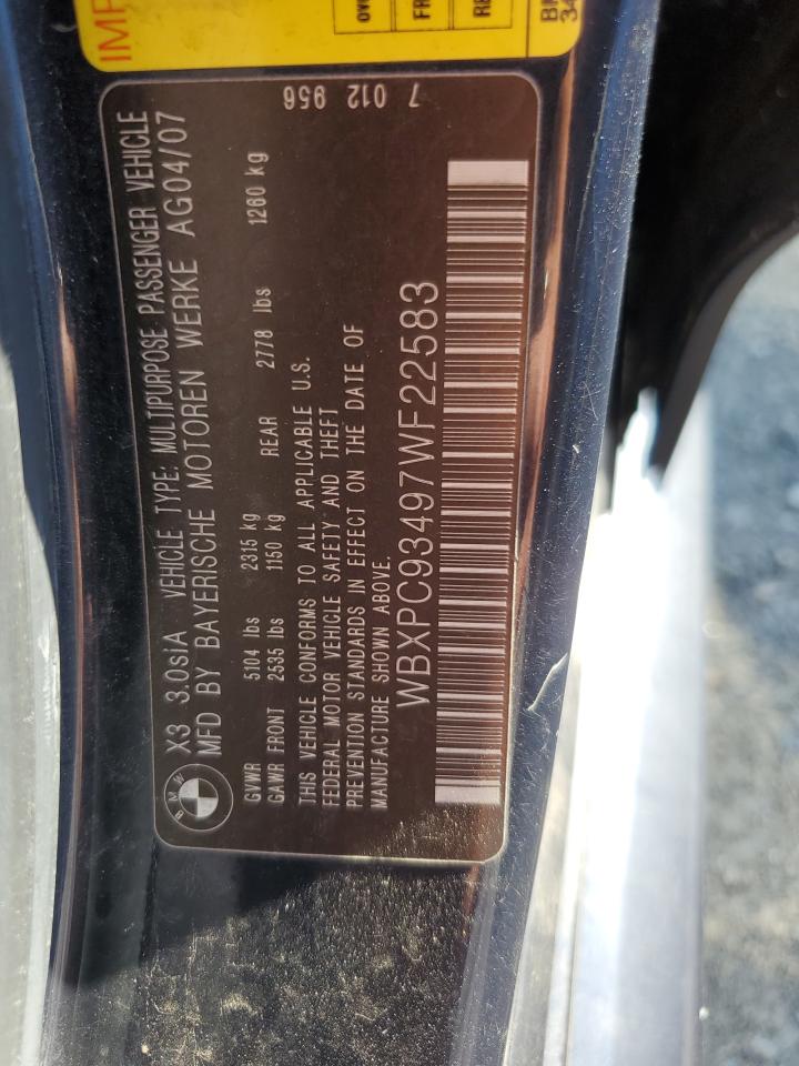 2007 BMW X3 3.0Si VIN: WBXPC93497WF22583 Lot: 85727805