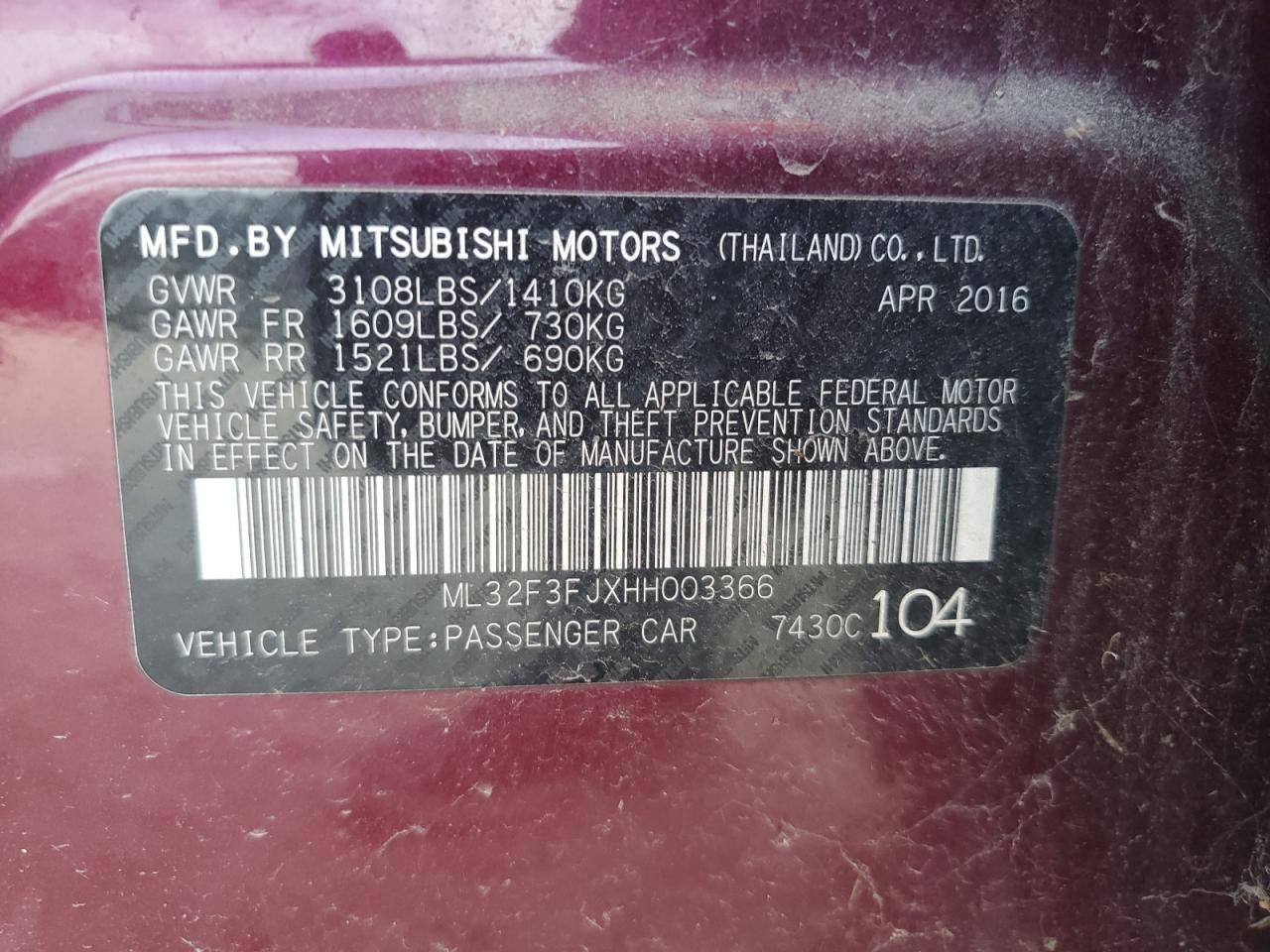 2017 Mitsubishi Mirage G4 Es VIN: ML32F3FJXHH003366 Lot: 87419925