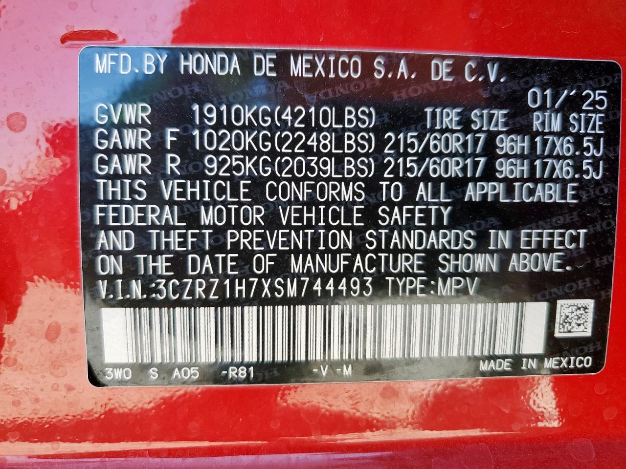 2025 Honda Hr-V Exl VIN: 3CZRZ1H7XSM744493 Lot: 86116625