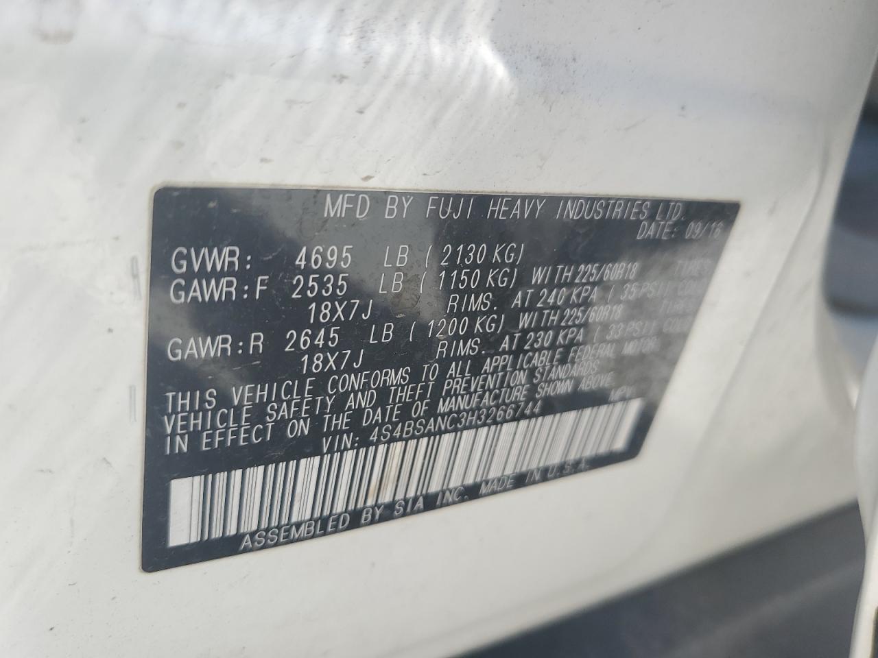 2017 Subaru Outback 2.5I Limited VIN: 4S4BSANC3H3266744 Lot: 84938765