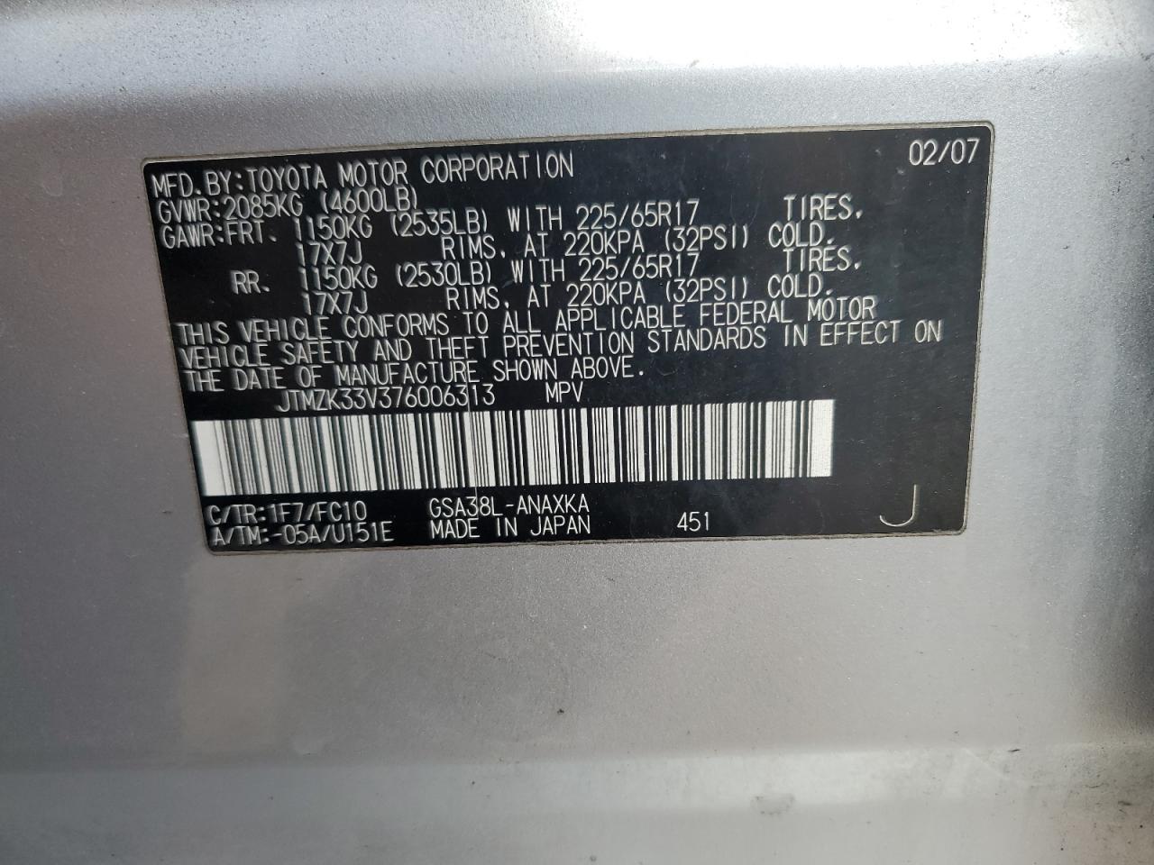 2007 Toyota Rav4 VIN: JTMZK33V376006313 Lot: 87089145