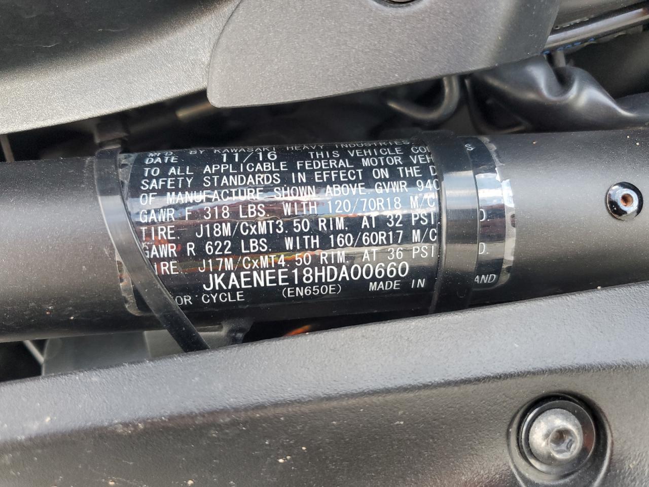 2017 Kawasaki En650 E VIN: JKAENEE18HDA00660 Lot: 89799875