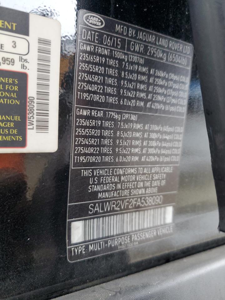 2015 Land Rover Range Rover Sport Hse VIN: SALWR2VF2FA538090 Lot: 82381335