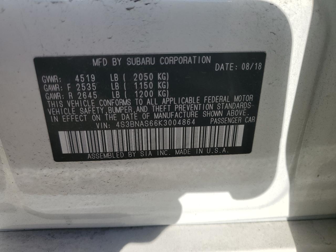 2019 Subaru Legacy Sport VIN: 4S3BNAS66K3004864 Lot: 90863615