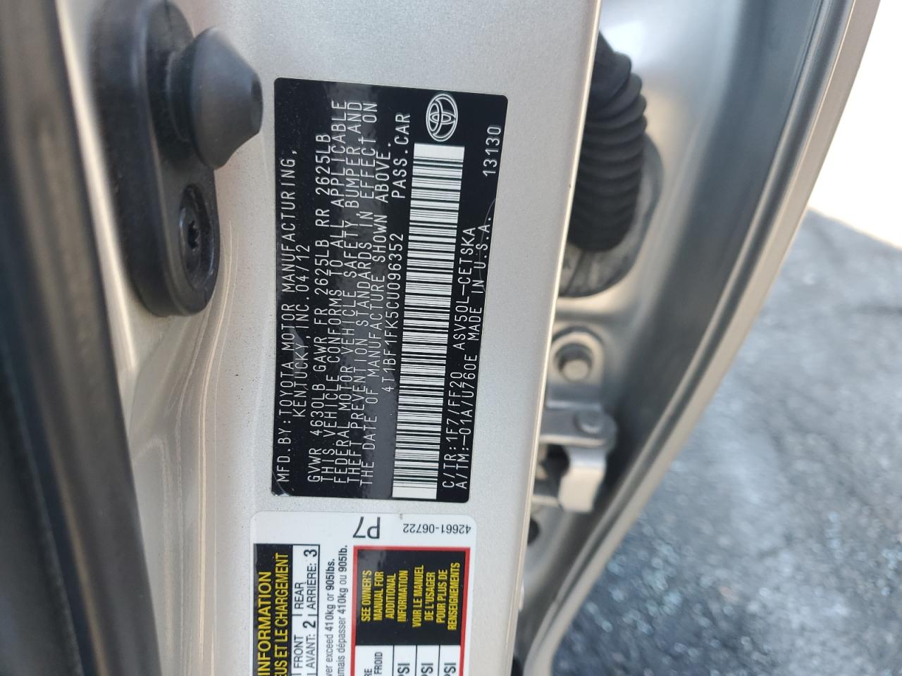 2012 Toyota Camry Base VIN: 4T1BF1FK5CU096352 Lot: 85509245