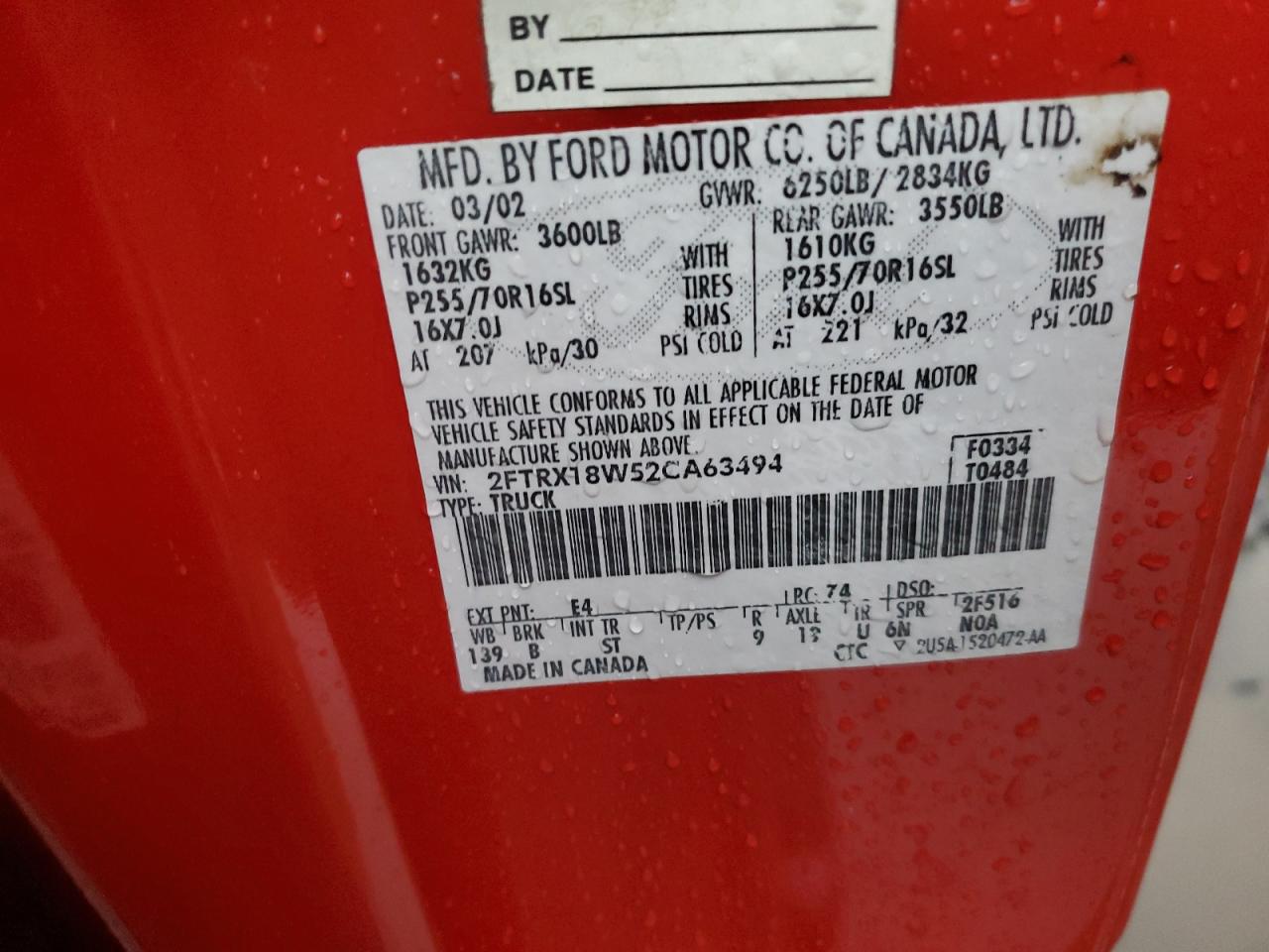 2002 Ford F150 VIN: 2FTRX18W52CA63494 Lot: 89914845