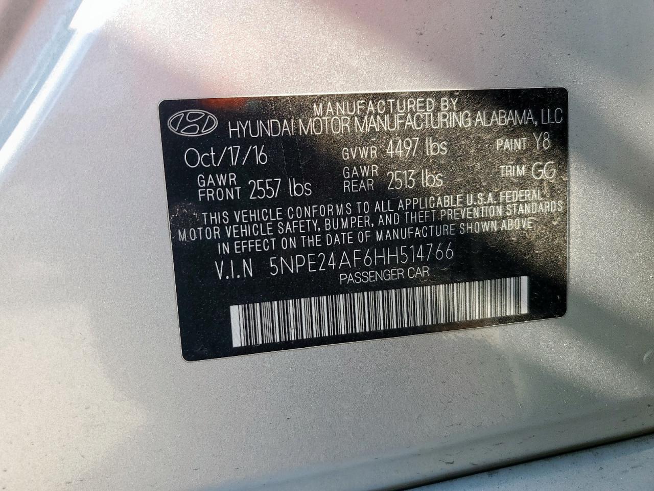 2017 Hyundai Sonata Se VIN: 5NPE24AF6HH514766 Lot: 85702715