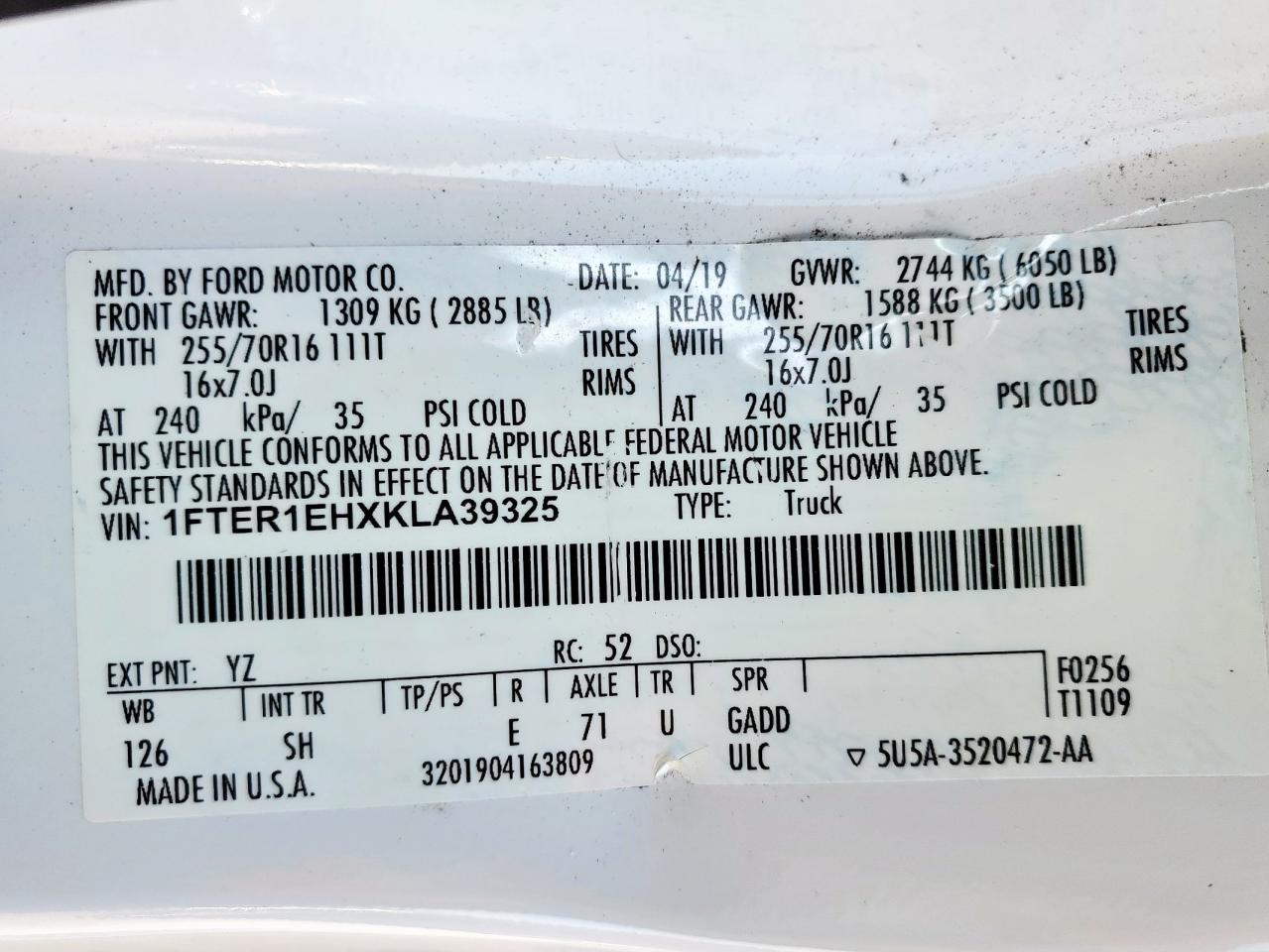 2019 Ford Ranger Xl VIN: 1FTER1EHXKLA39325 Lot: 82331745