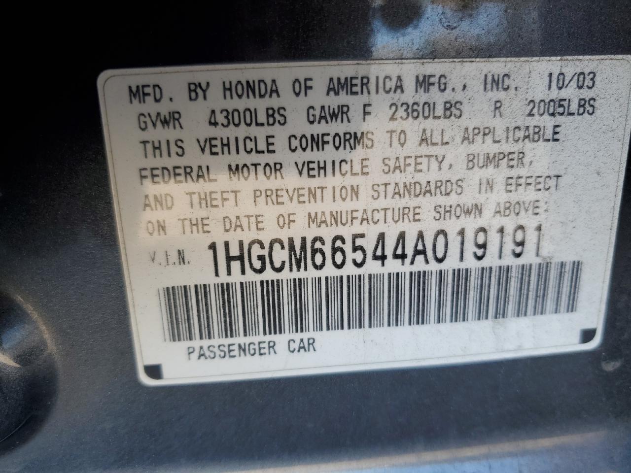 2004 Honda Accord Ex VIN: 1HGCM66544A019191 Lot: 89675735