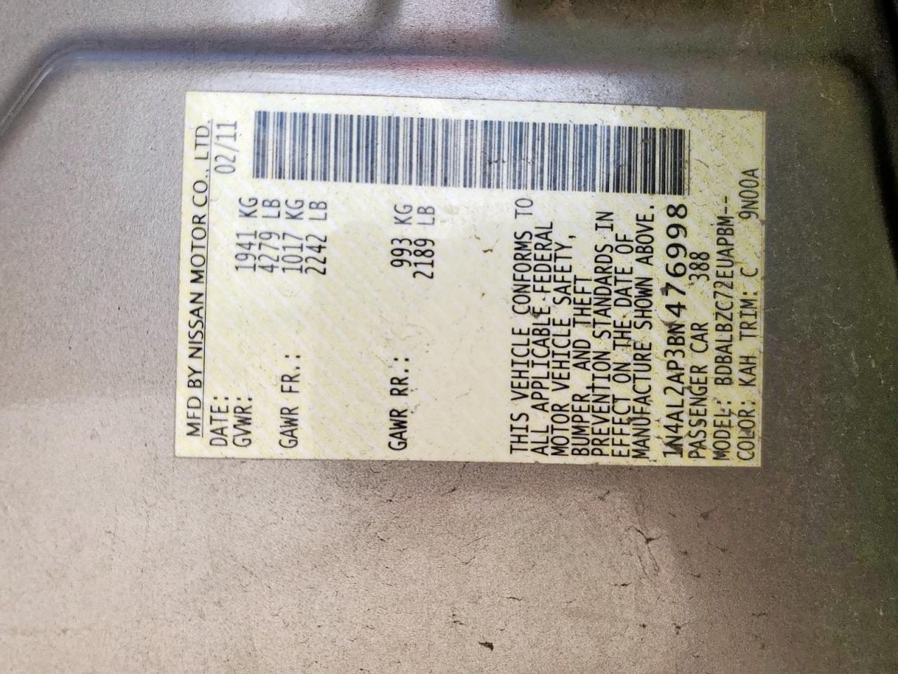 2011 Nissan Altima Base VIN: 1N4AL2AP3BN476998 Lot: 82423245