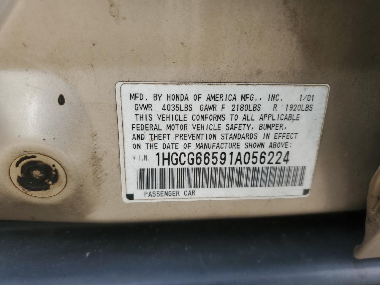 2001 Honda Accord Lx VIN: 1HGCG66591A056224 Lot: 84873735