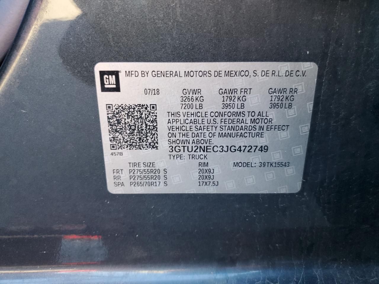 2018 GMC Sierra K1500 Slt VIN: 3GTU2NEC3JG472749 Lot: 89815055