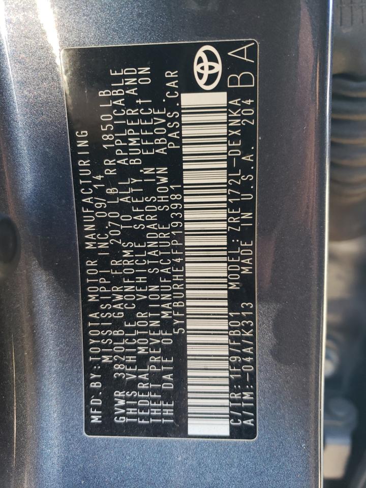 2015 Toyota Corolla L VIN: 5YFBURHE4FP193981 Lot: 86884145