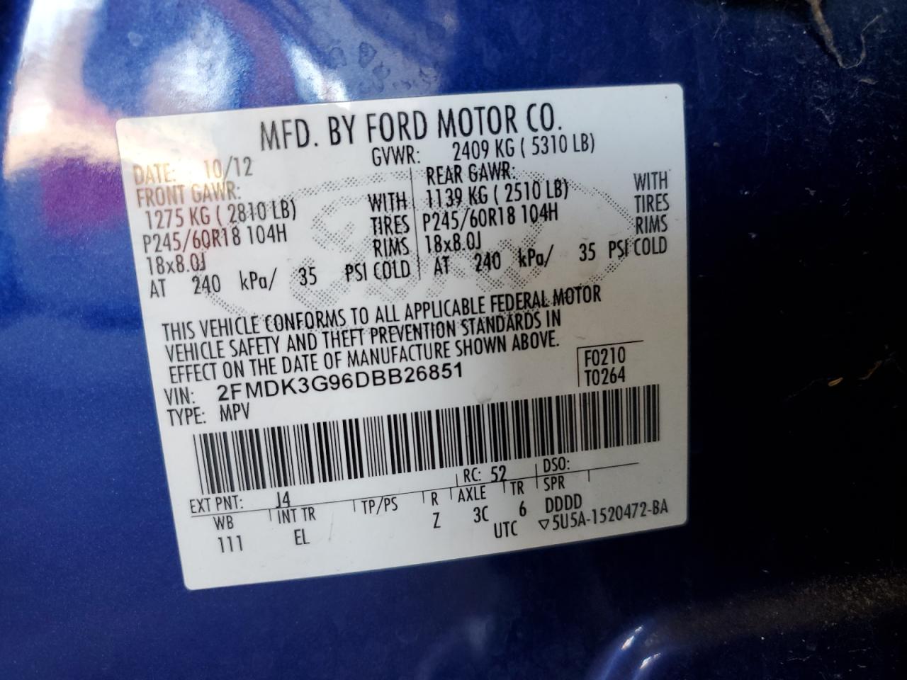 2013 Ford Edge Se VIN: 2FMDK3G96DBB26851 Lot: 85648315