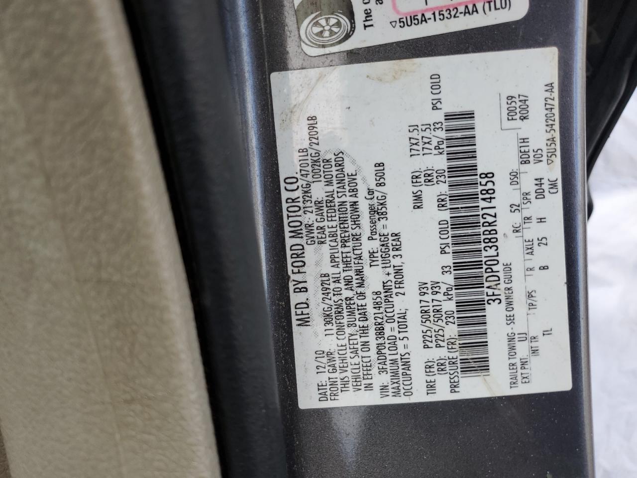 2011 Ford Fusion Hybrid VIN: 3FADP0L38BR214858 Lot: 82742055