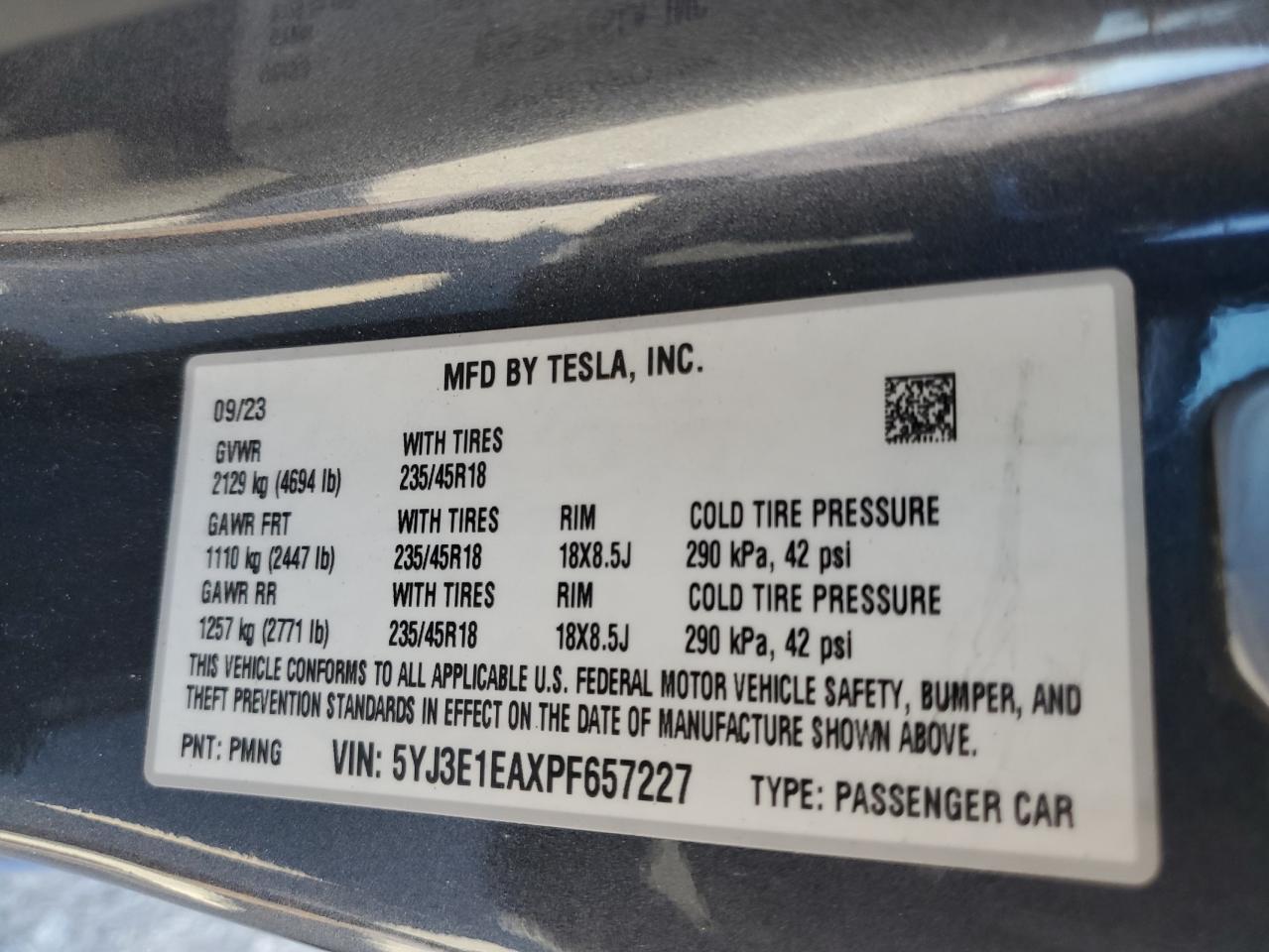 2023 Tesla Model 3 VIN: 5YJ3E1EAXPF657227 Lot: 87300345