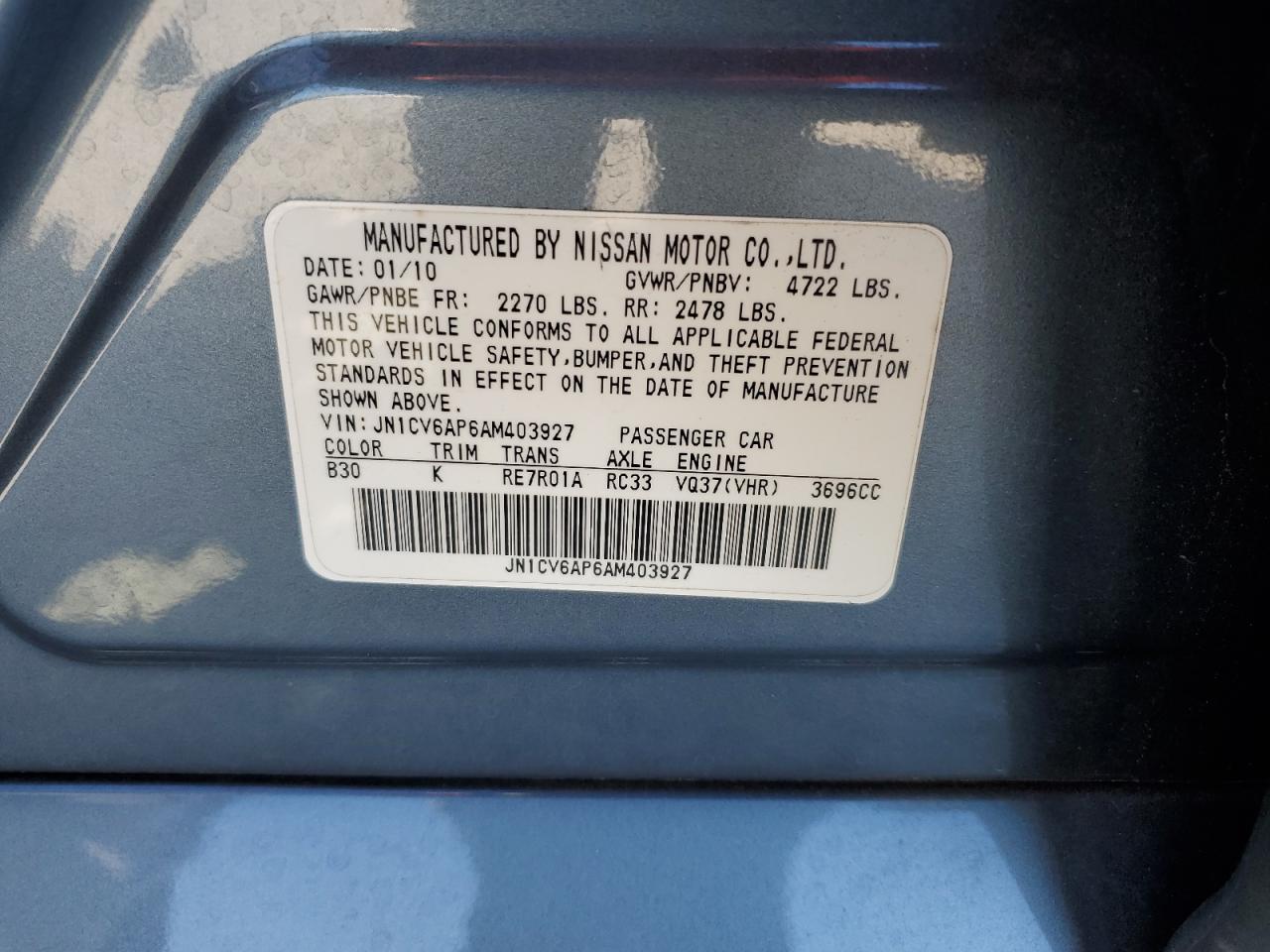 2010 Infiniti G37 Base VIN: JN1CV6AP6AM403927 Lot: 86115175