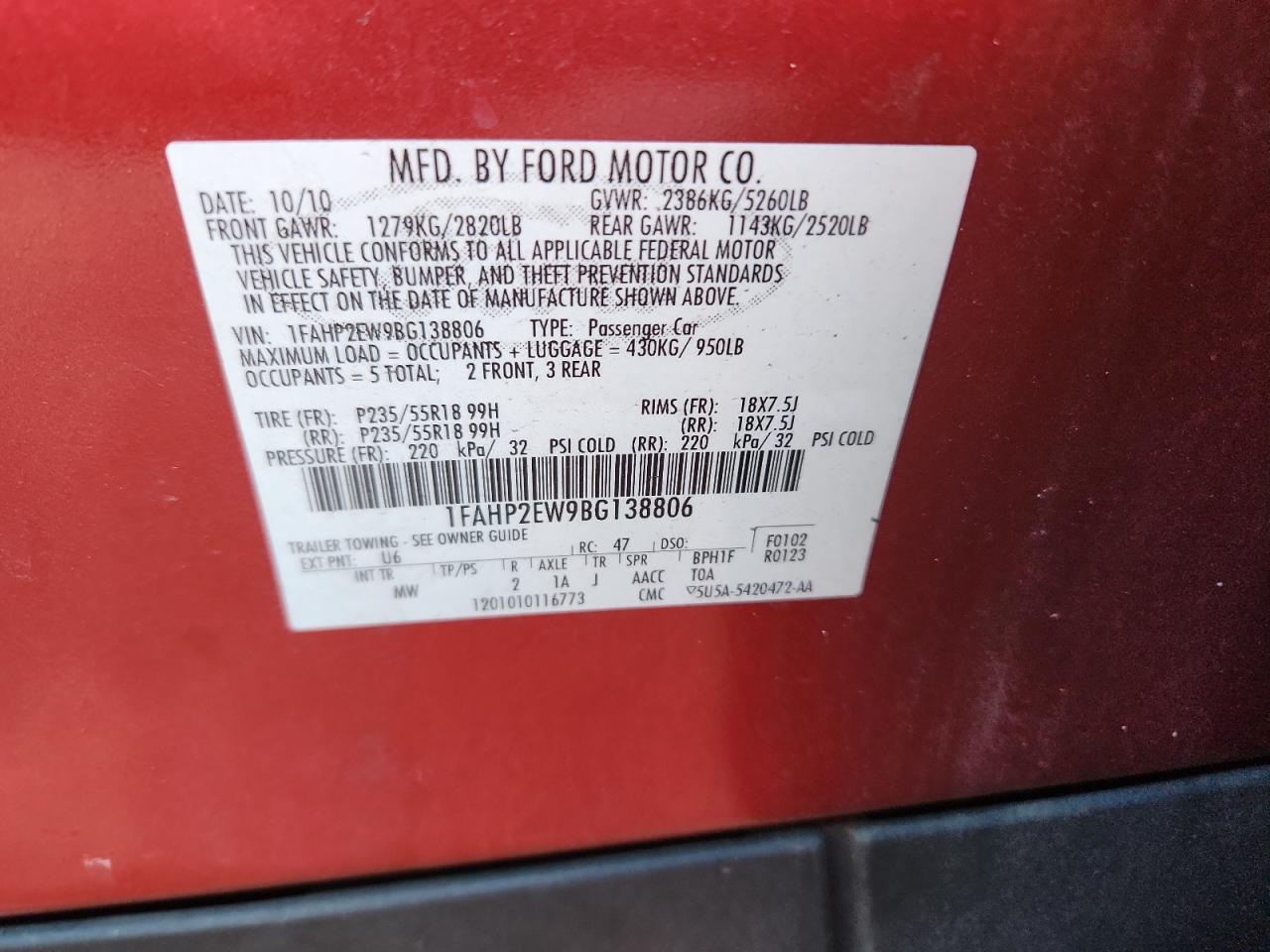 2011 Ford Taurus Sel VIN: 1FAHP2EW9BG138806 Lot: 86475095