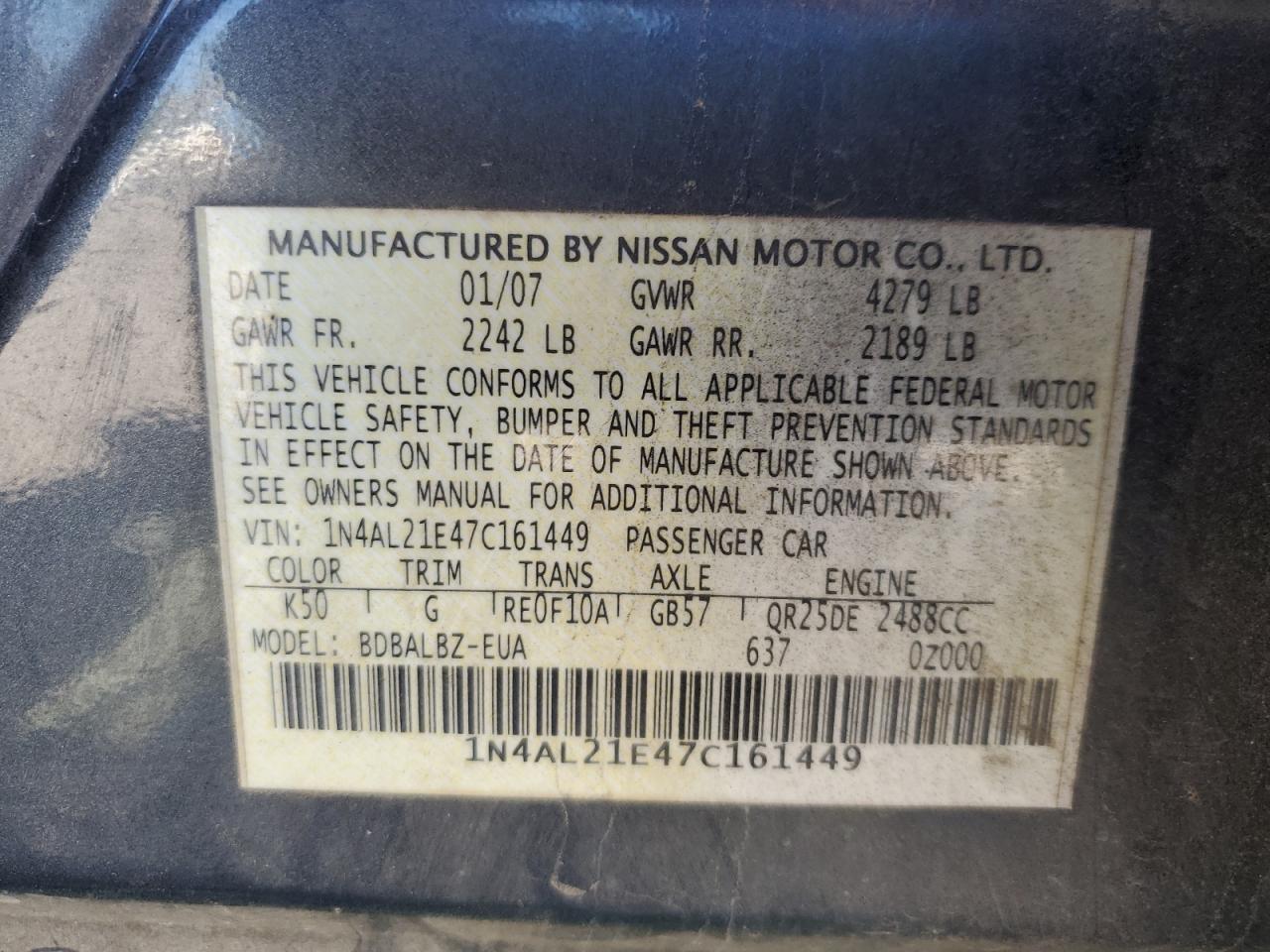 2007 Nissan Altima 2.5 VIN: 1N4AL21E47C161449 Lot: 85877645