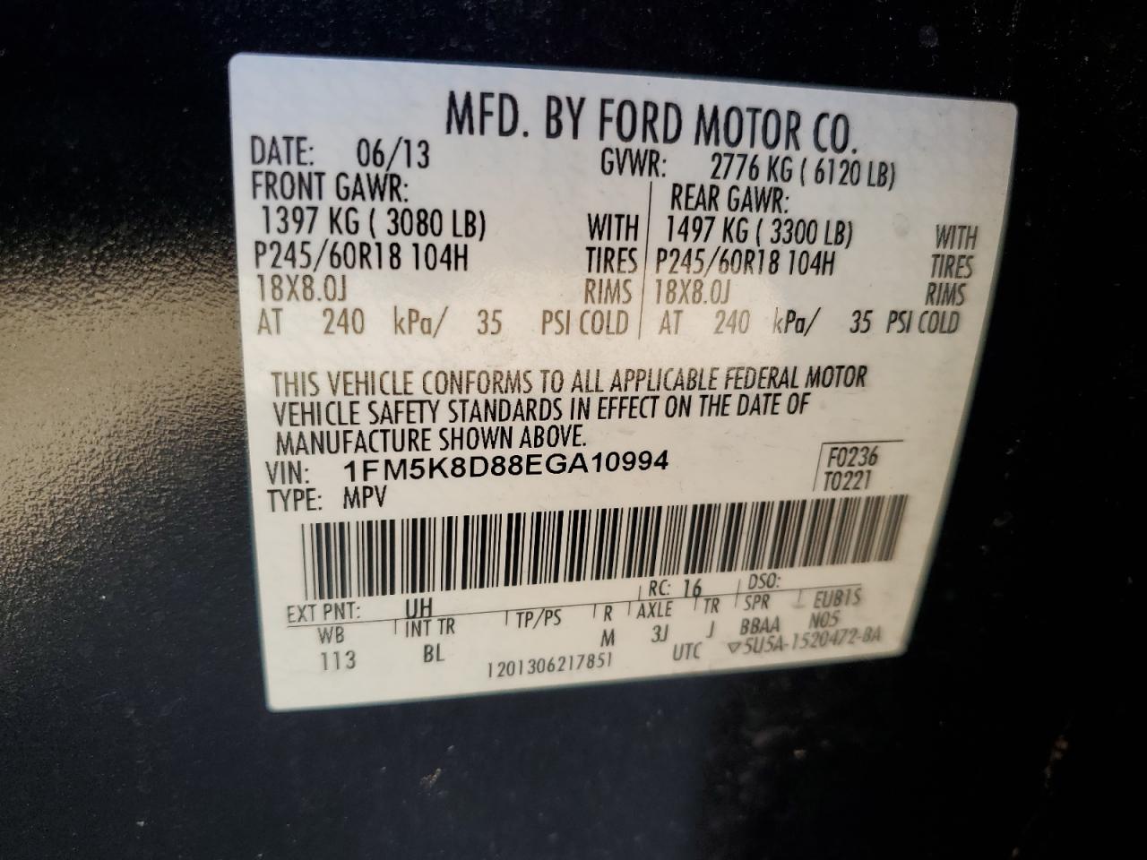 2014 Ford Explorer Xlt VIN: 1FM5K8D88EGA10994 Lot: 82252075