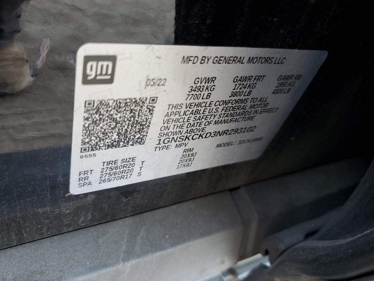 2022 Chevrolet Suburban K1500 Lt VIN: 1GNSKCKD3NR293102 Lot: 86293985