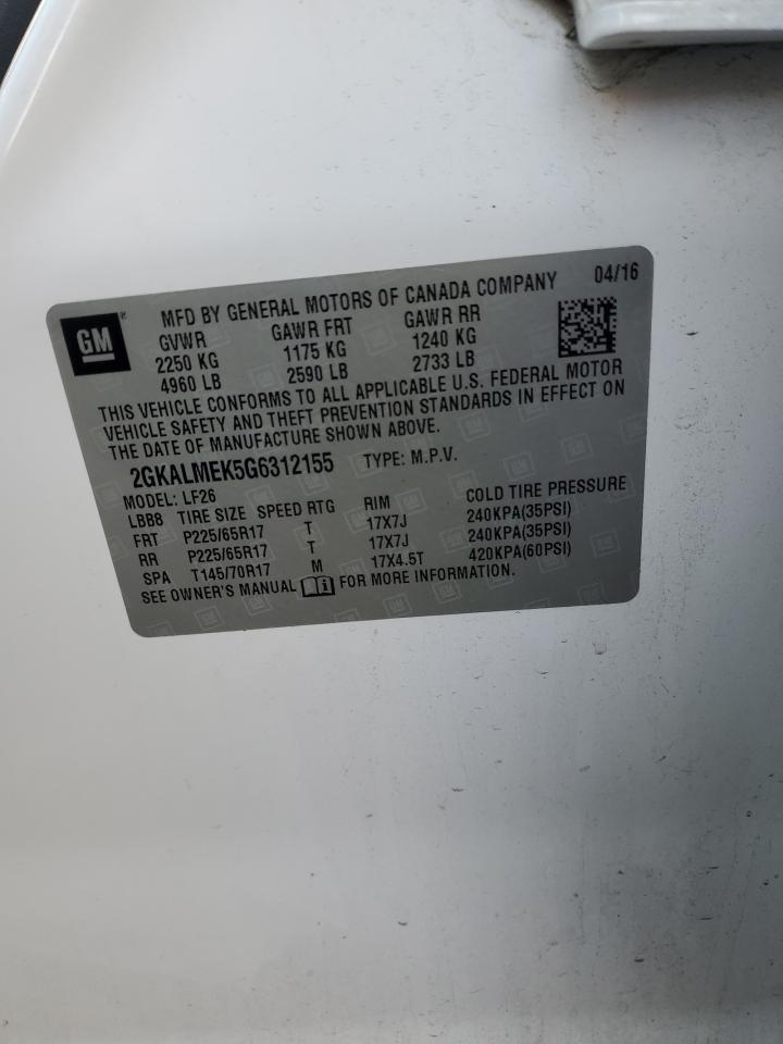 2016 GMC Terrain Sle VIN: 2GKALMEK5G6312155 Lot: 89877115