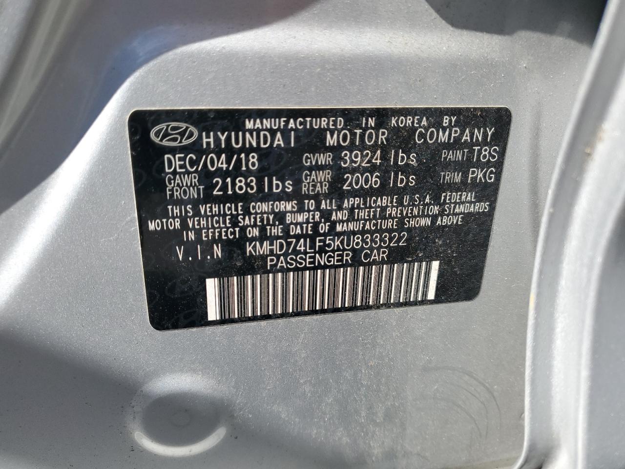 2019 Hyundai Elantra Se VIN: KMHD74LF5KU833322 Lot: 81801795