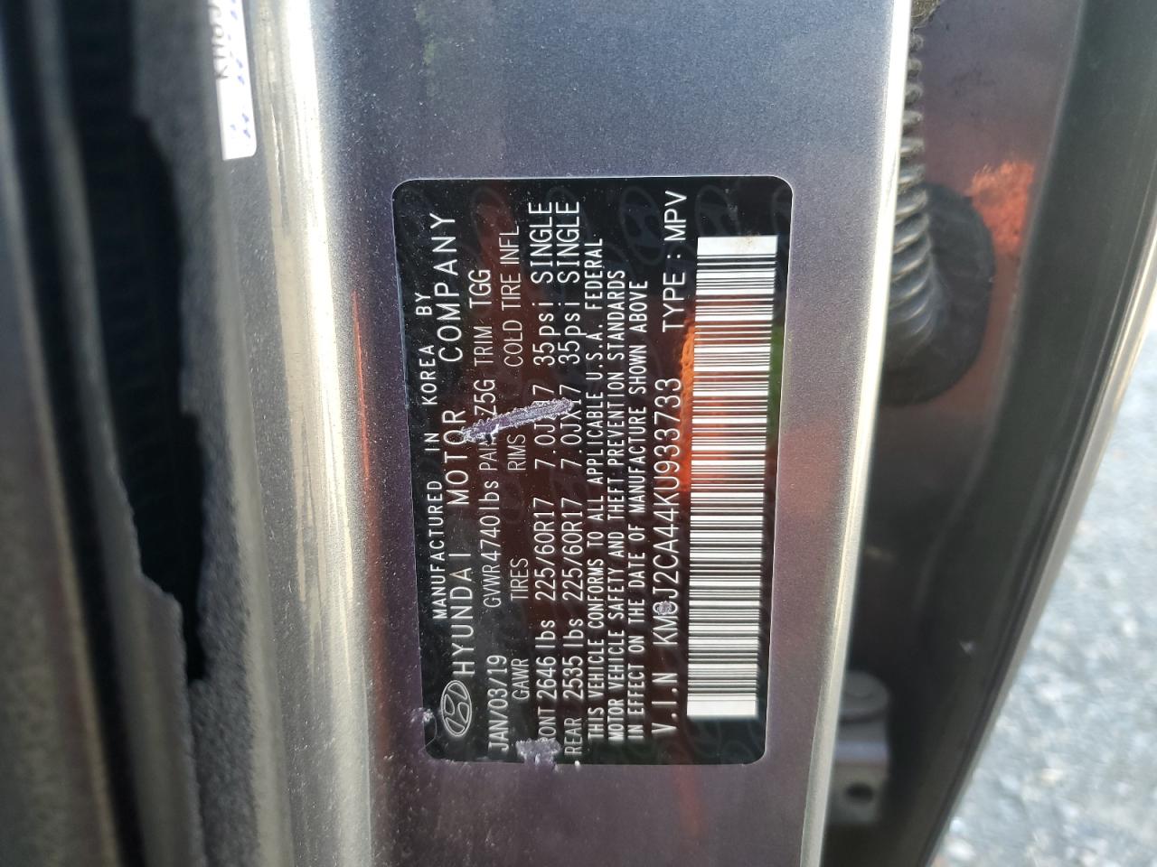 2019 Hyundai Tucson Se VIN: KM8J2CA44KU933733 Lot: 86553665